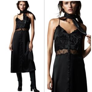 Zara Black Lace Detail Slip Midi Dress